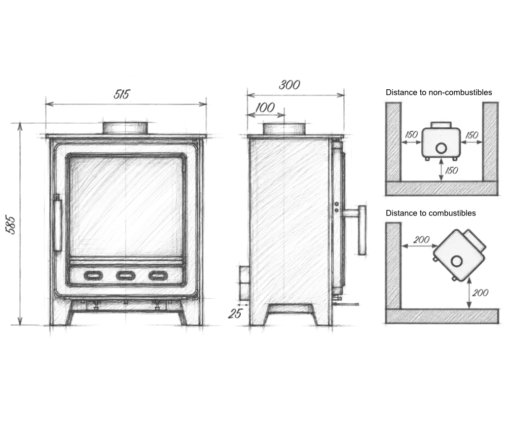 ecoflame elite wide technical drawing